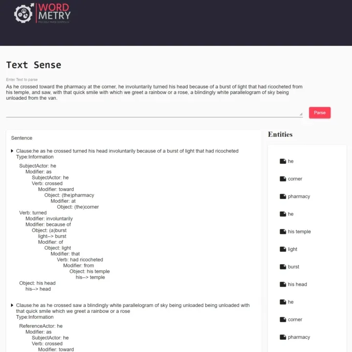 WordMetry AI sentence processing application